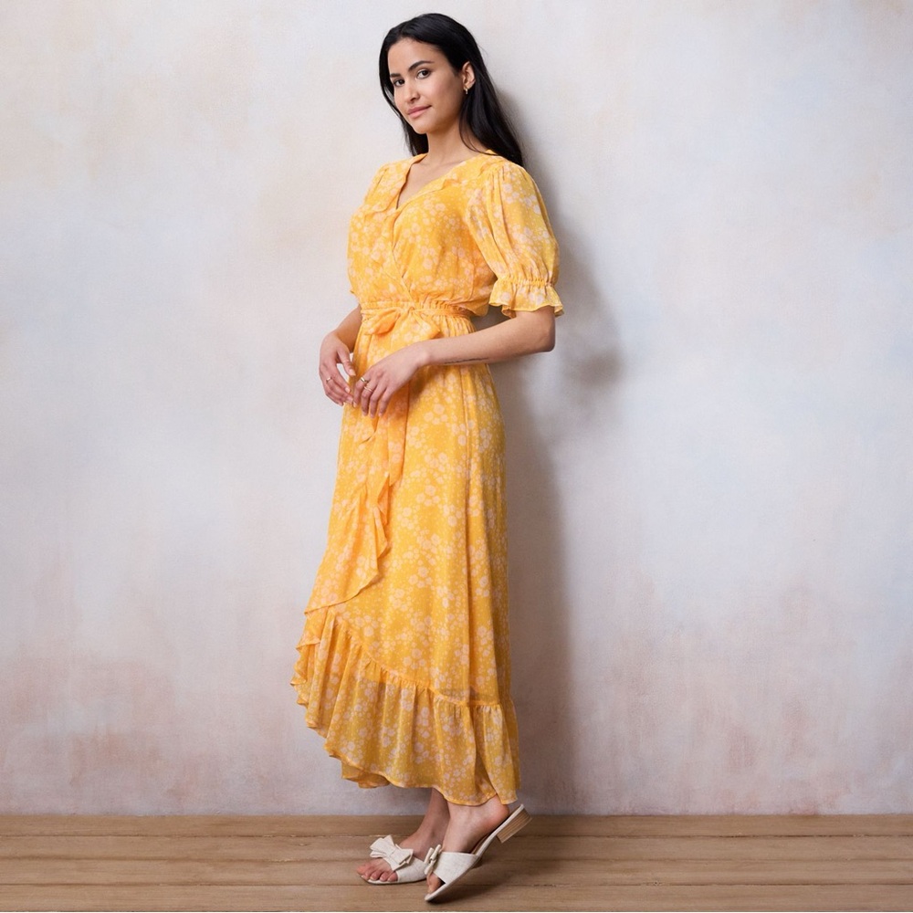 NWT LC Lauren Conrad Yellow Ruffled Wrap Maxi Dress Wedding Flowy